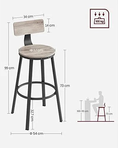 Sada 2 barových stoličiek, s operadlom, oceľovým rámom, greige a čierna farba