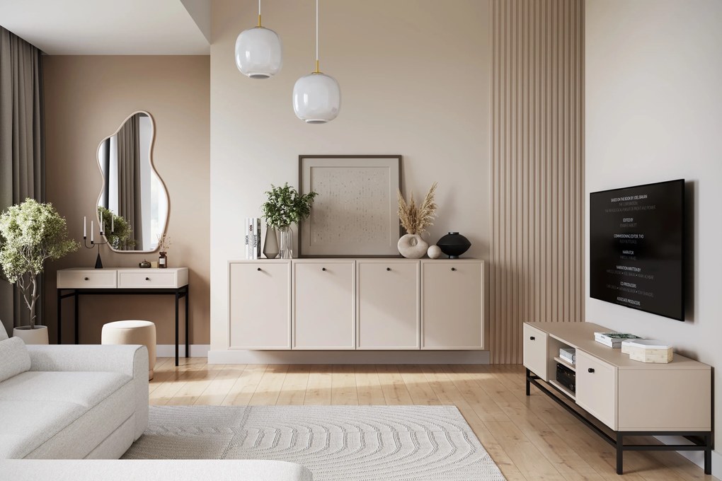 TV stolík Lorini 150 cm na stojane – kašmírová / čierne úchytky