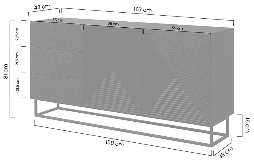 Komoda Asha 167 cm so zásuvkami a kovovým podstavcom - čierny mat