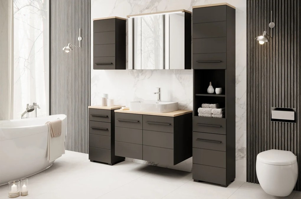 Závěsná koupelnová skříňka Swing II 58 80 cm se zrcadlem a LED osvětlením černá/dub Artisan