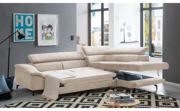 Rozkladacia rohová sedacia súprava BRESCIA pravá, béžová, s úložným priestorom