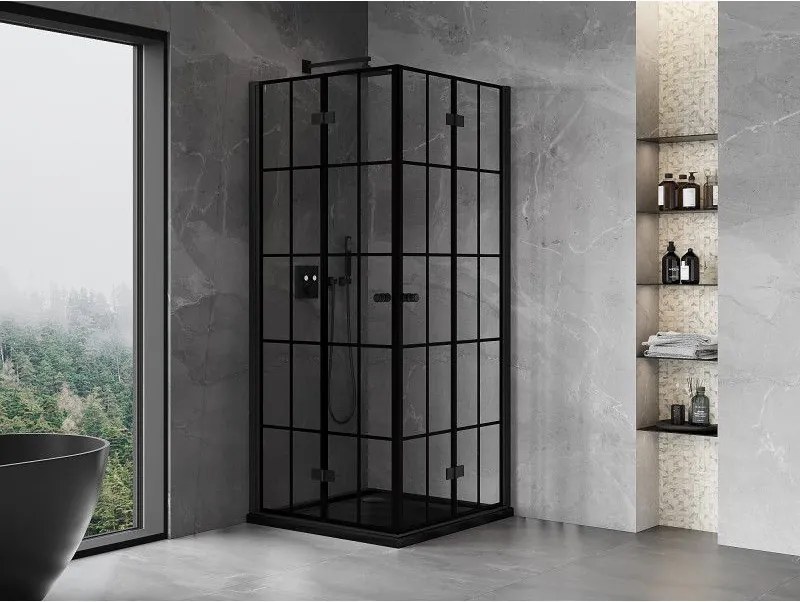 Mexen Mist-F Duo, skladací sprchový kút 85 x 85 cm, číre sklo-čierna mriežka, 8A6-085L-085P-70-77