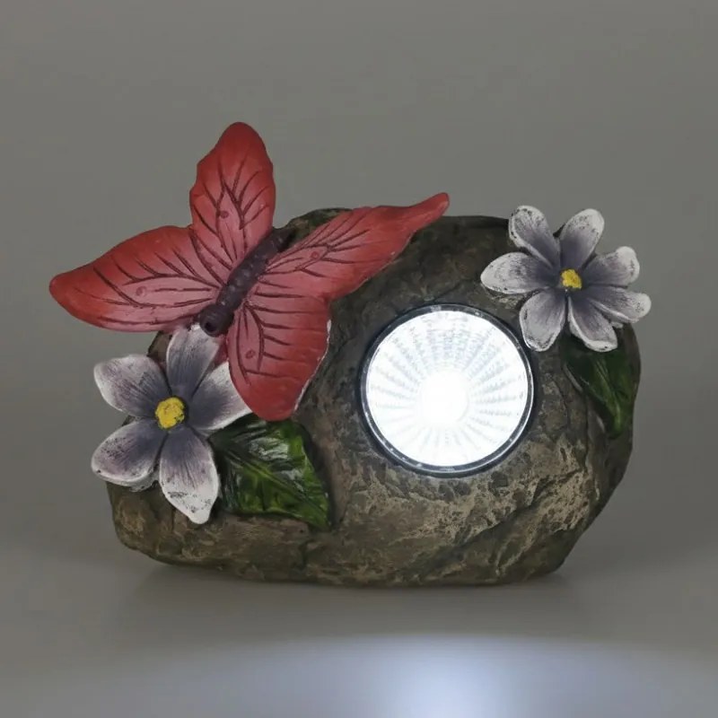 Motýľ na kameni s LED svetlom – červený 10 cm