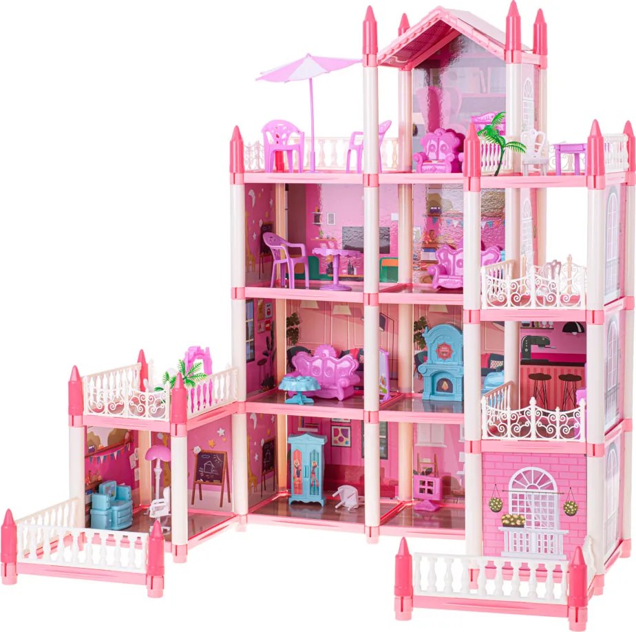 Domček pre bábiky KIK Ružová vila DIY, 4 poschodia s nábytkom, 61 cm