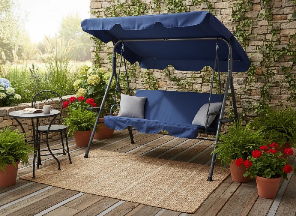 Garden Line ZÁHRADNÁ HOJDAČKA TYPU A 170 x 118 x 153 cm NÁMORNÍCKA MODRÁ S ŠEDÝMI VANKÚŠMI A DRŽIAKMI NA POHÁRE