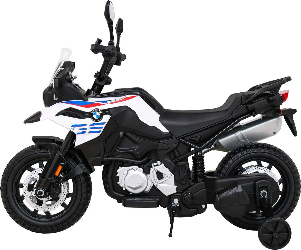 Ramiz BMW F850 GS Detský motocykel na batérie biely + asistenčné kolesá + LED audio + pomalý štart + EVA