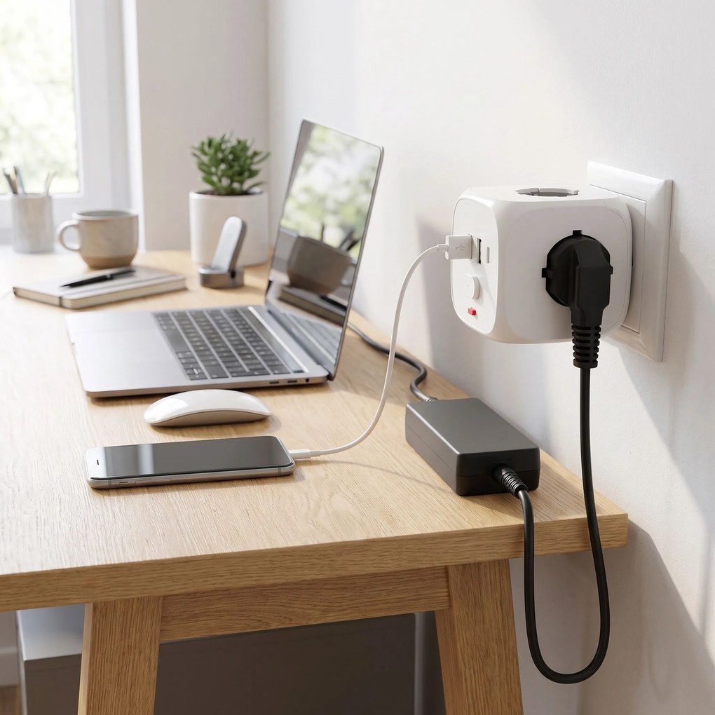 Toolight Toolight, JNH019, zásuvková kocka 7v1, 3 zásuvky + 2× USB-A + 2× USB-C, biela, OSW-56305