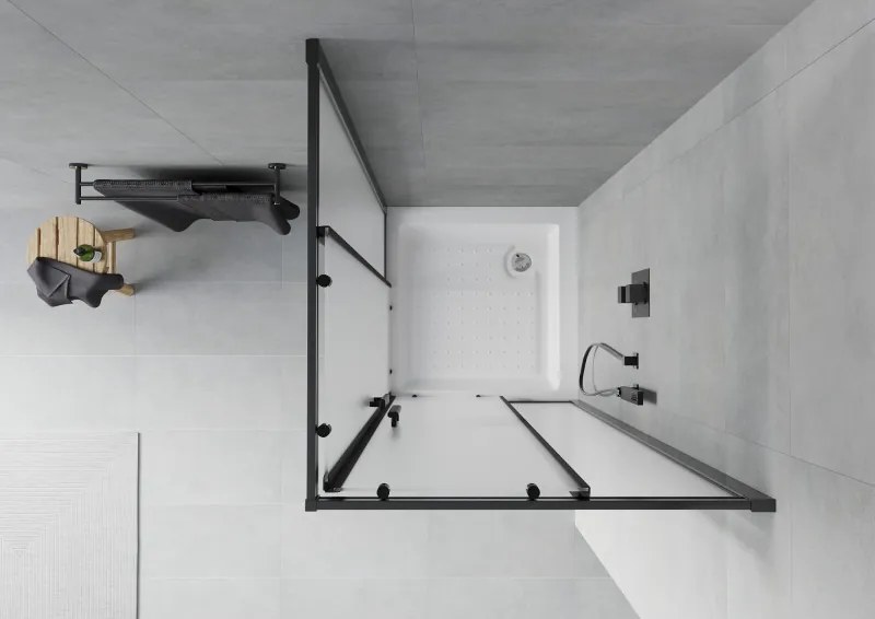 Mexen Rio, štvorcový sprchovací kút s posuvnými dverami 70(dvere) x 70(dvere) x 190 cm, 6mm sklo námraza, čierny profil + biela sprchová vanička RIO, 860-070-070-70-30-4510