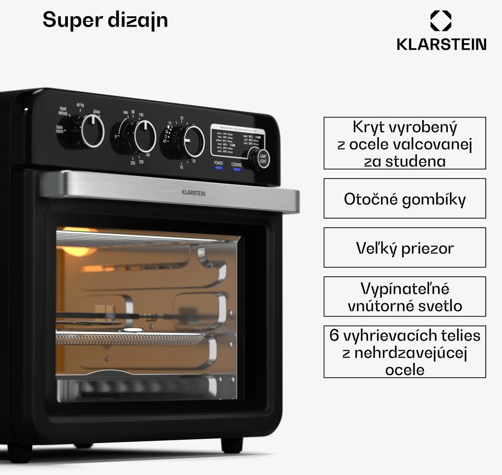 Klarstein Air Glaze teplovzdušná fritéza, 2000 W, 34 litrov, panoramatické okno, vrátane sady príslušenstva