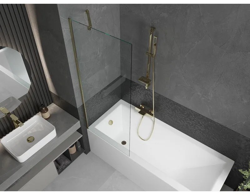 Mexen Next, vaňová zástena 1-krídlová 70 x 150 cm, fixné krídlo, 6 mm číre sklo, zlatý profil, 895-070-000-00-00-50