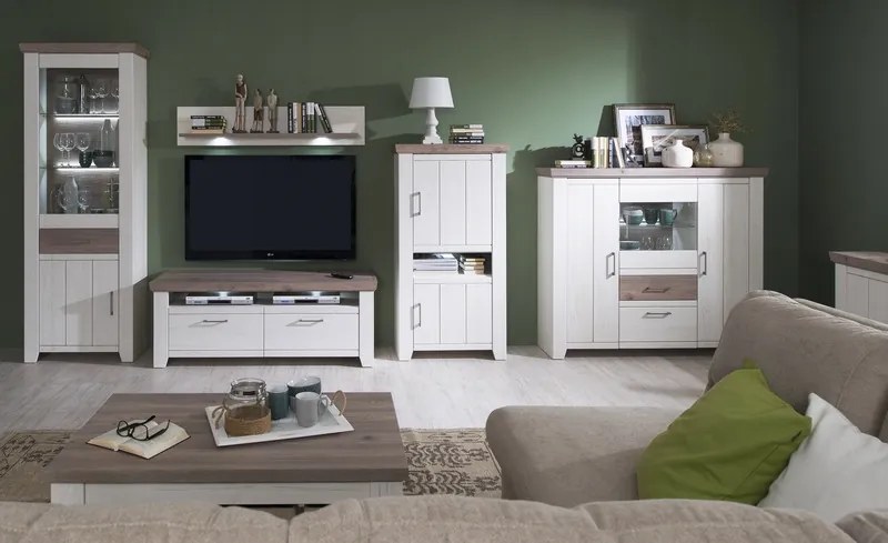 Obývacia stena Cruz, kombi, bielená pínia/šedý dub