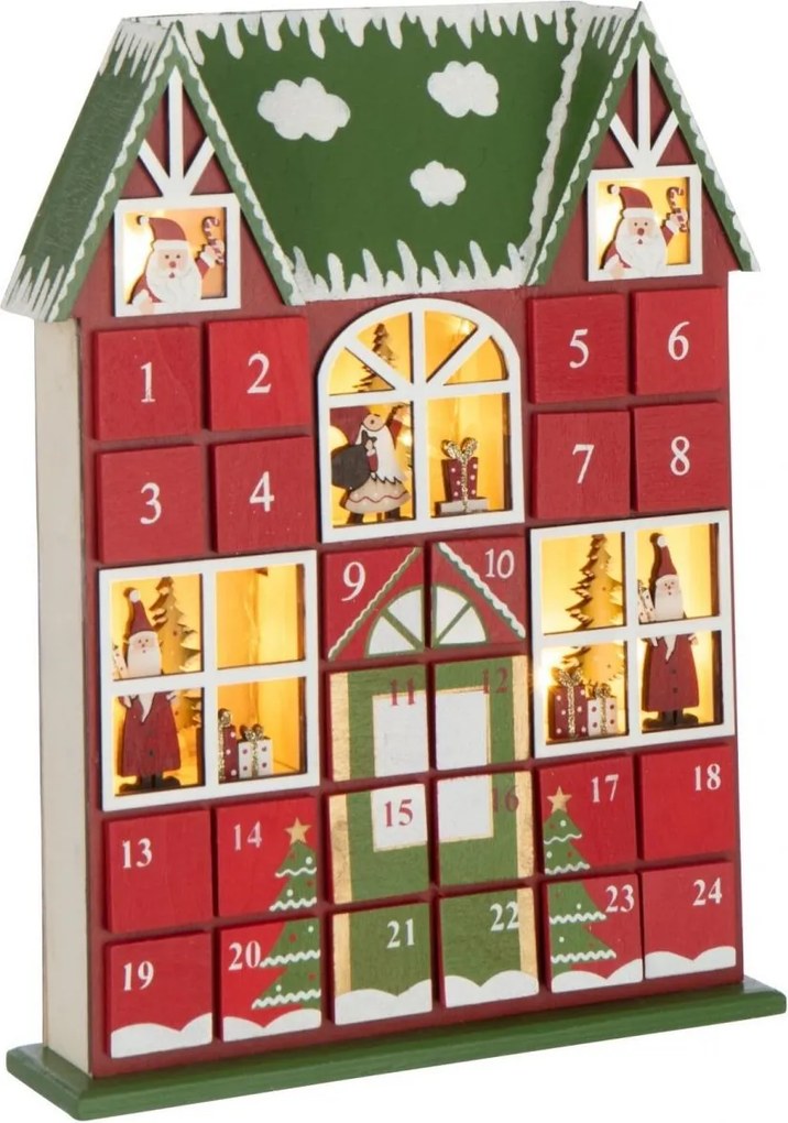 Červený drevený LED adventný kalendár House J-line - 25,5 * 6,5 * 34,5 cm