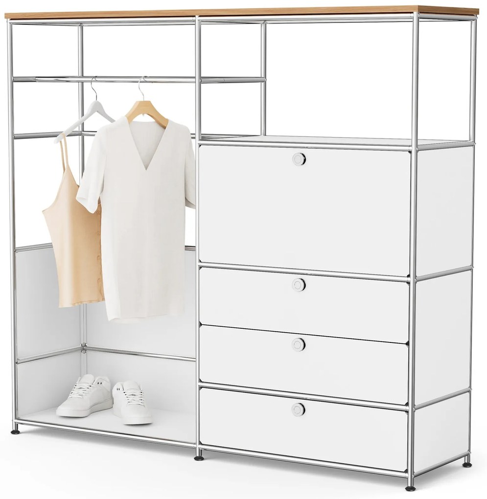 Kovová komoda »CN3« s drevenou doskou, 1 tyčou na oblečenie, 1 priehradkou a 3 zásuvkami, biela