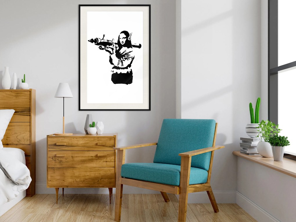 Artgeist Plagát - Banksy Mona Lisa with Rocket Launcher [Poster] Veľkosť: 20x30, Verzia: Čierny rám s passe-partout