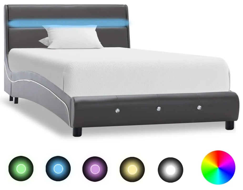 vidaXL Posteľný rám s LED, sivý, umelá koža 90x200 cm