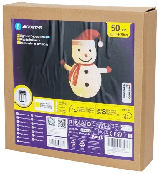 Aigostar - LED Vianočná vonkajšia dekorácia 50xLED/3xAA 0,7m IP44 snehuliak