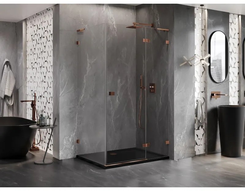 Mexen Lunar, L pravý výklopný sprchový kút 85 x 80 cm, 8mm číre sklo, profil ružové zlato, 834L-085-080-60-00-P