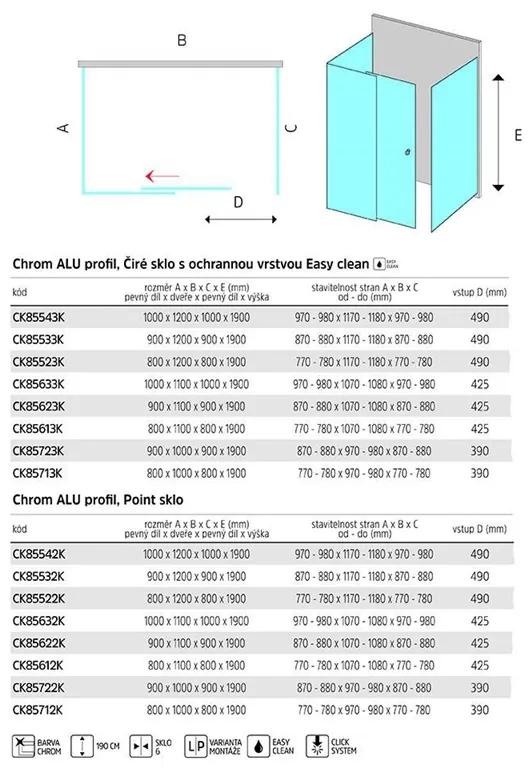 Mereo Lima, sprchovací kút 1000x900 cm, obdĺžnik, pev.díl x zasúvacie dvere x pev.díl, chróm ALU, sklo Číre, MER-CK85723K