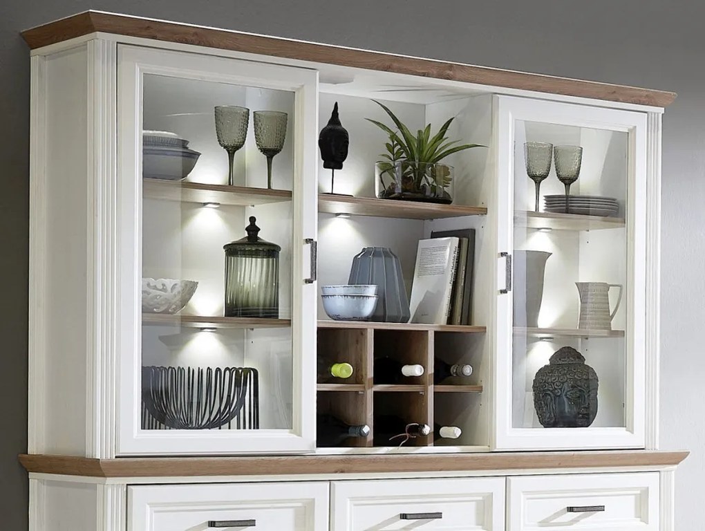 Nástavná vitrína s priehradkami Jasmin,bielená pínia/dub, s osvetlením