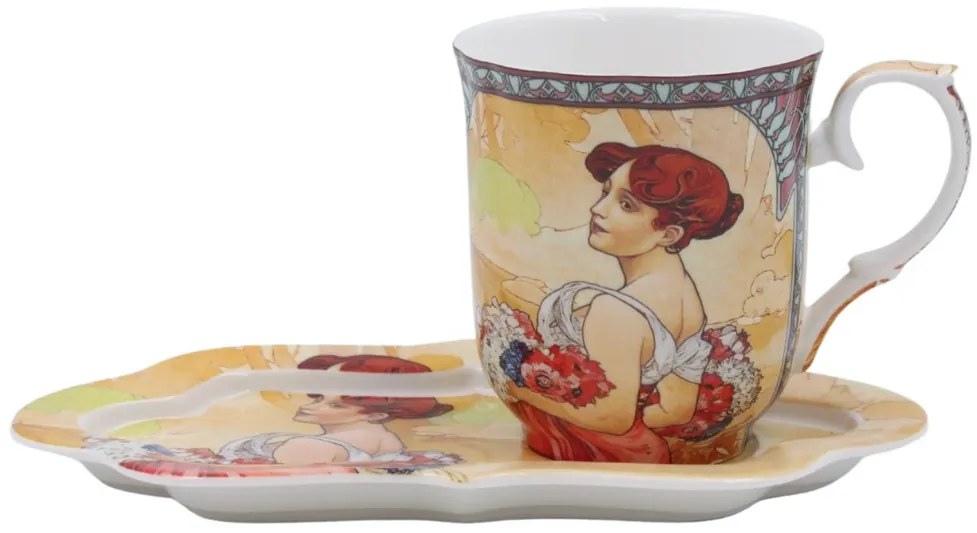 HOME ELEMENTS Porcelánový hrnček 360 ml, s podšálkou, Mucha Leto