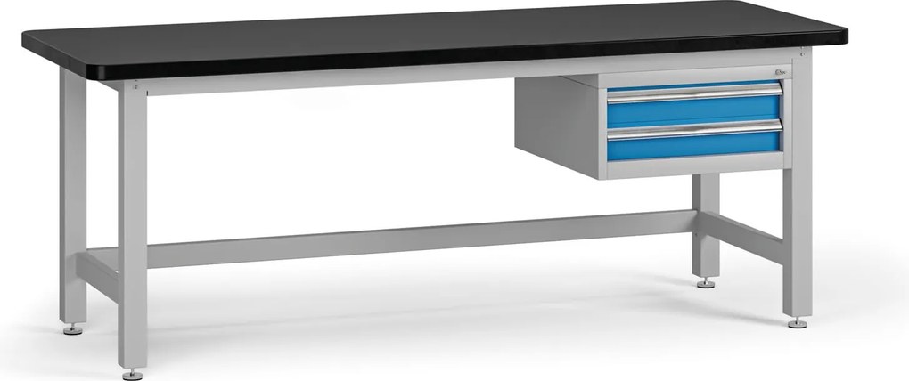 Pracovný stôl do dielne G4 so závesným boxom na náradie, MDF + PVC doska, 2 zásuvky, 2100 x 750 x 800 mm, modrá