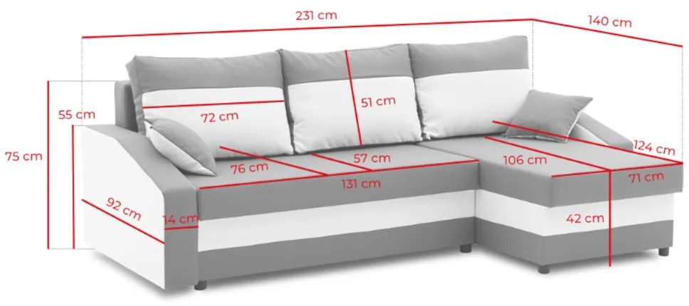 Rohová rozkládacia sedačka WELTA, 235x85x139, šedá/biela, mikrofáze10/biela