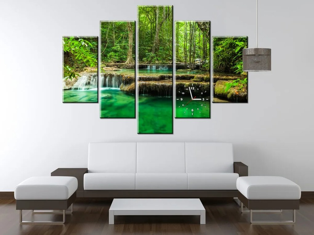 Gario Obraz s hodinami Vodopád Erawan v Thajsku - 5 dielny Rozmery: 150 x 105 cm