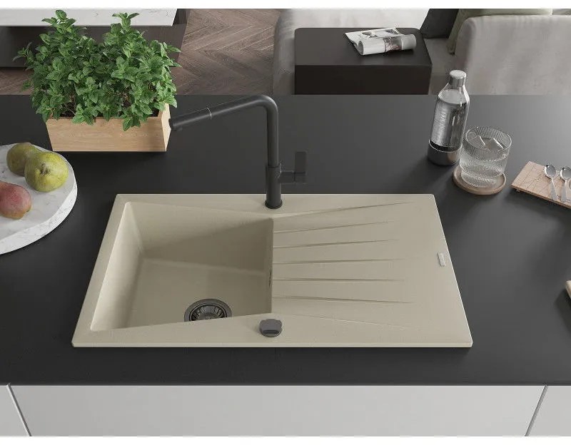 Mexen Cesar, 1-komorový granitový drez 775x470x190 mm a drezová batéria Flora, béžová, 6514-69-670401-70-B