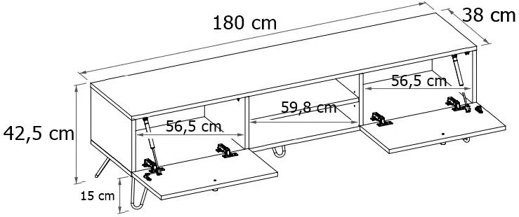 TV skrinka AVENTO Dub / čierna - čierne rukoväte, 180 cm