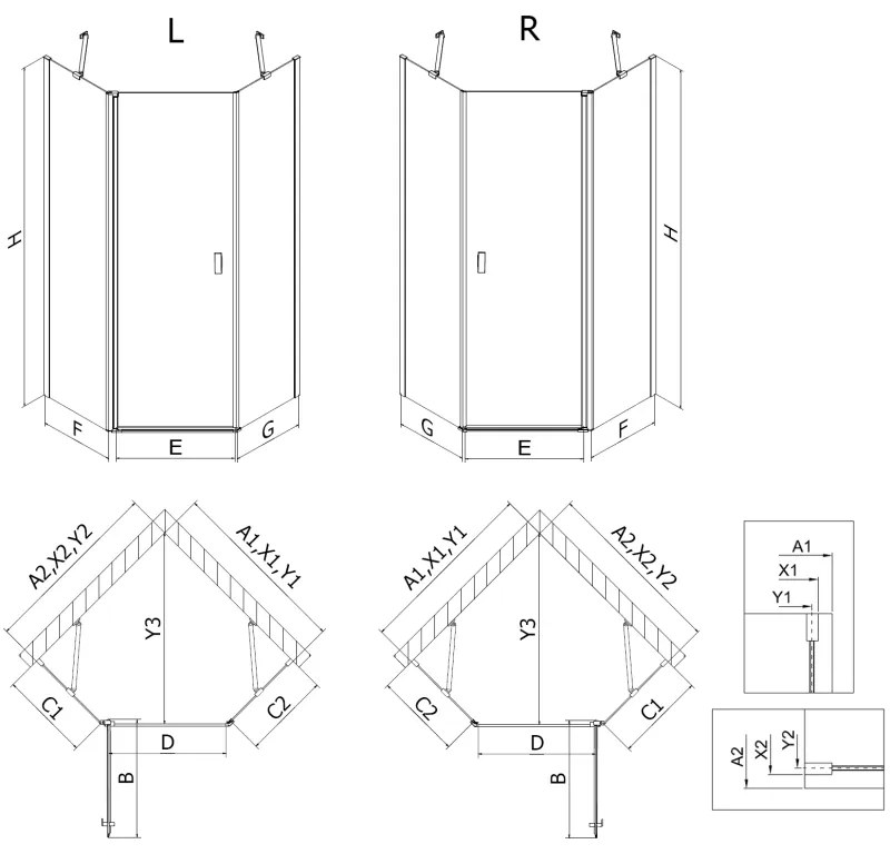 Mexen Mist, päťuholníkový sprchový kút výklopný 90 x 100 cm, číre sklo, zlatý lesklý profil, 8A8-090-100-50-00