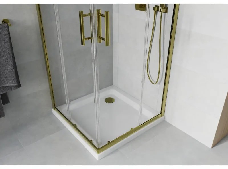 Mexen Rio, štvorcový sprchovací kút s posuvnými dverami 90(dvere) x 90(dvere) x 190 cm, 6mm číre sklo, zlatý profil + biela sprchová vanička SLIM, 860-090-090-50-00-4010G