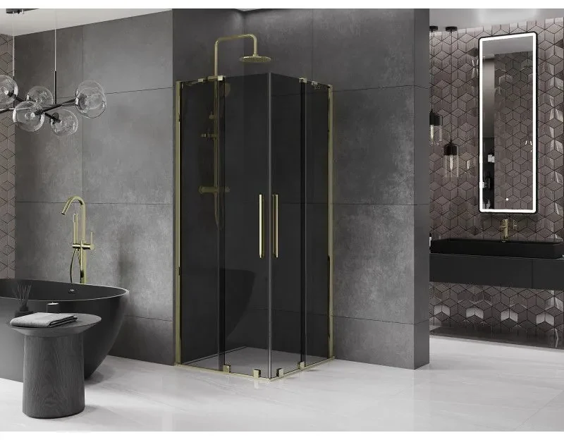 Mexen Velar Duo, sprchový kút s posuvnými dverami 90 x 90 cm, 8mm šedé sklo, zlatá lesklá, 871-090-090-42-50