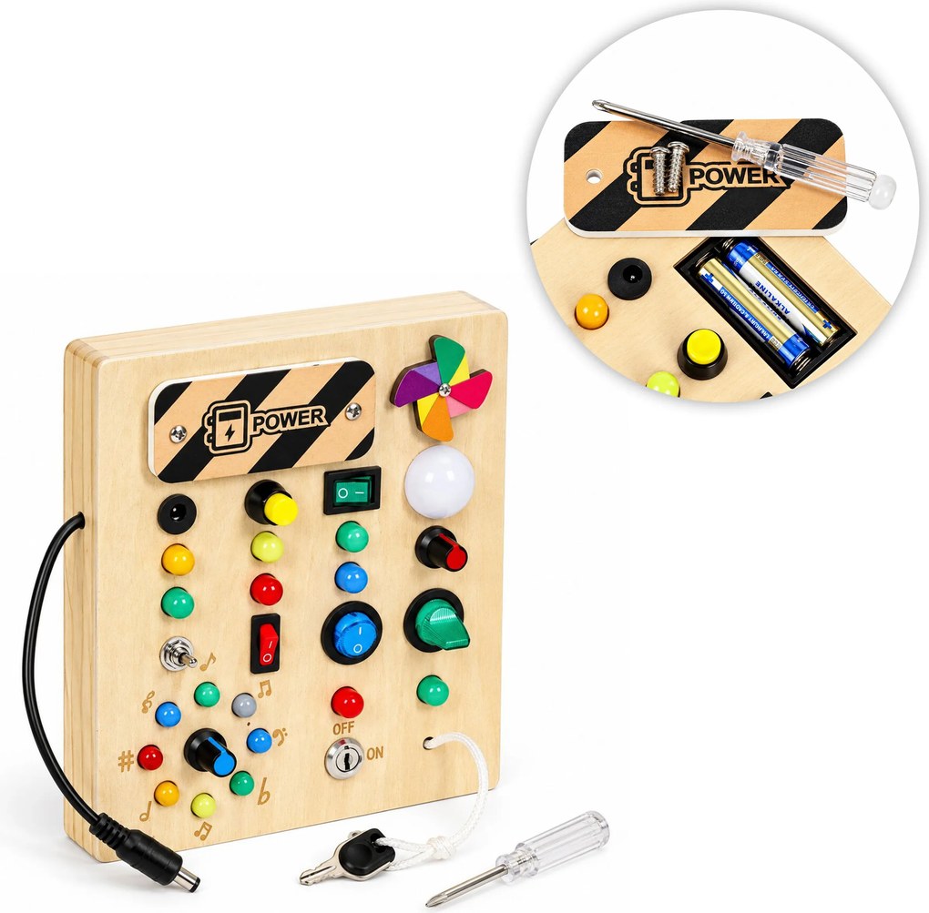 ECOTOYS Dřevěná interaktivní manipulační tabule s LED světly od 3 let