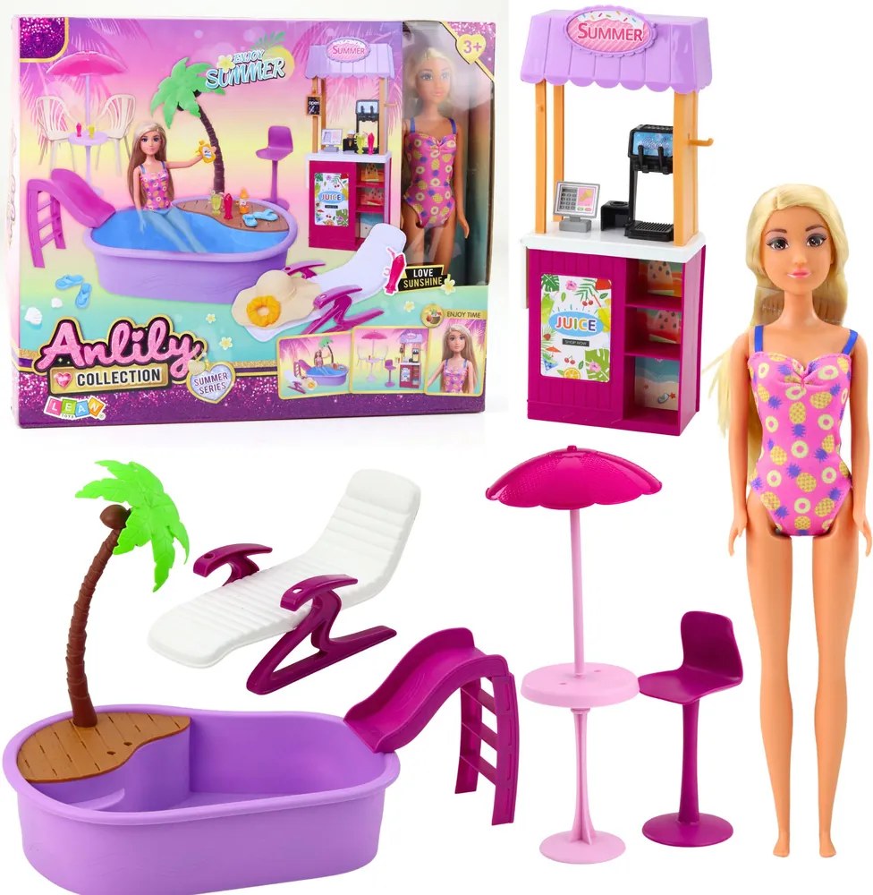 LEAN Toys Bábika Anlily na pláži – bazén, palma, stojan na nápoje a doplnky
