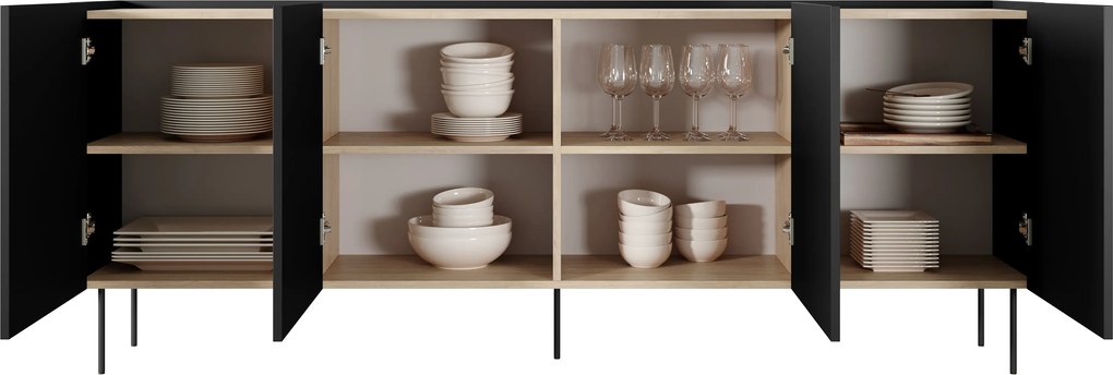 Čierna matná komoda Desin 220 cm so štyrmi dverami - duba nagano