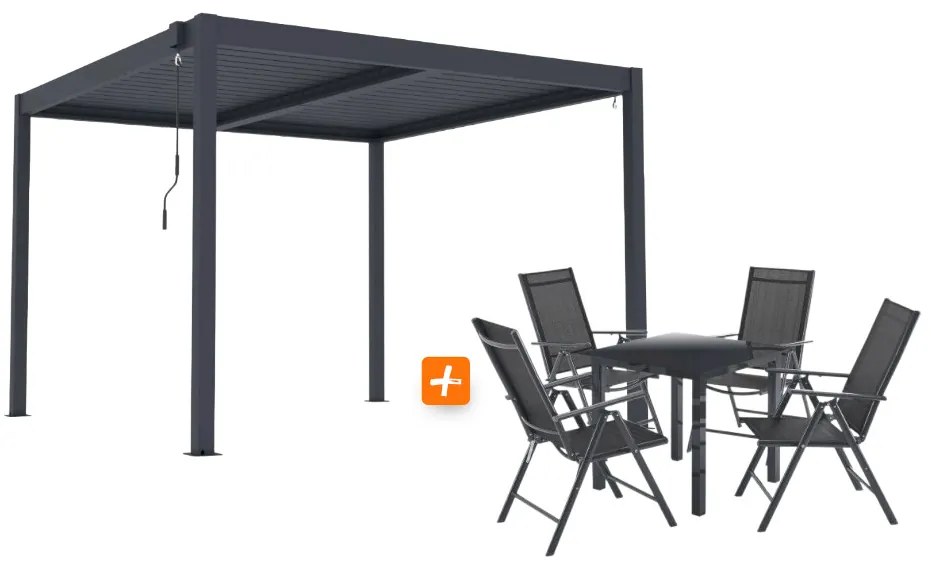 ZÁHRADNÉ KOMBO bioklimatická pergola s lamelami BestBerg BBP-9G + záhradný jedálenský set 4+1 BestBerg BBGF-62BK
