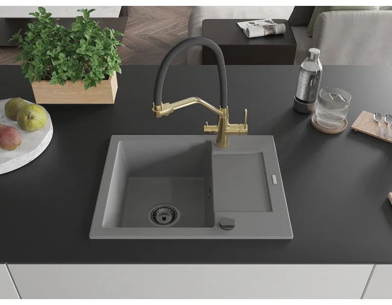 Mexen Enzo, granitový drez 576x465x174 mm, 1-komorový a drezová batéria Duo, šedá, 6506-71-671701-57-B