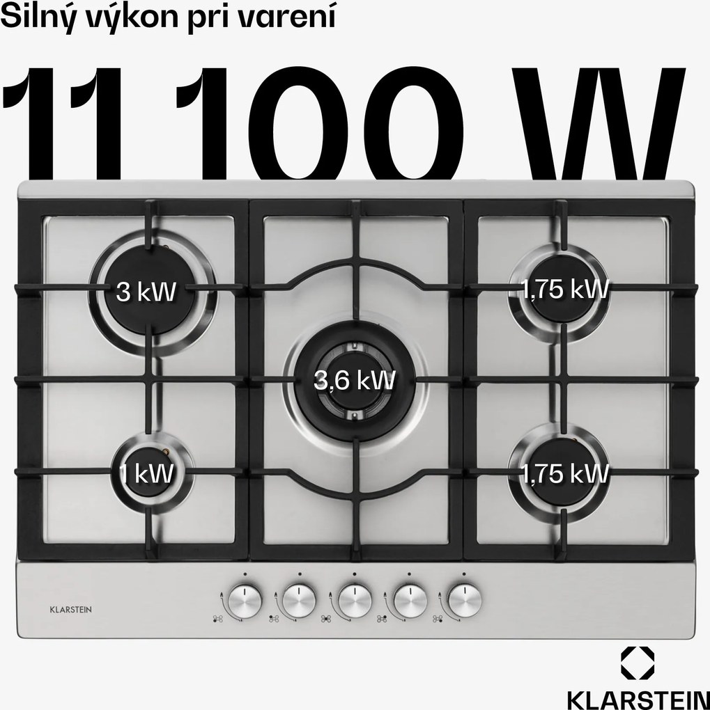 Klarstein Ignito 5 Zonen, plynová varná doska, 5 Sabaf horákov, nehrdzavejúca oceľ, strieborná