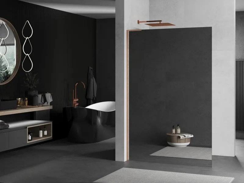 Mexen Kioto L, sprchová zástena Walk-In 120 x 200 cm, 8mm sklo vzor zrkadlo, medený matný profil, 800-120-103-65-50