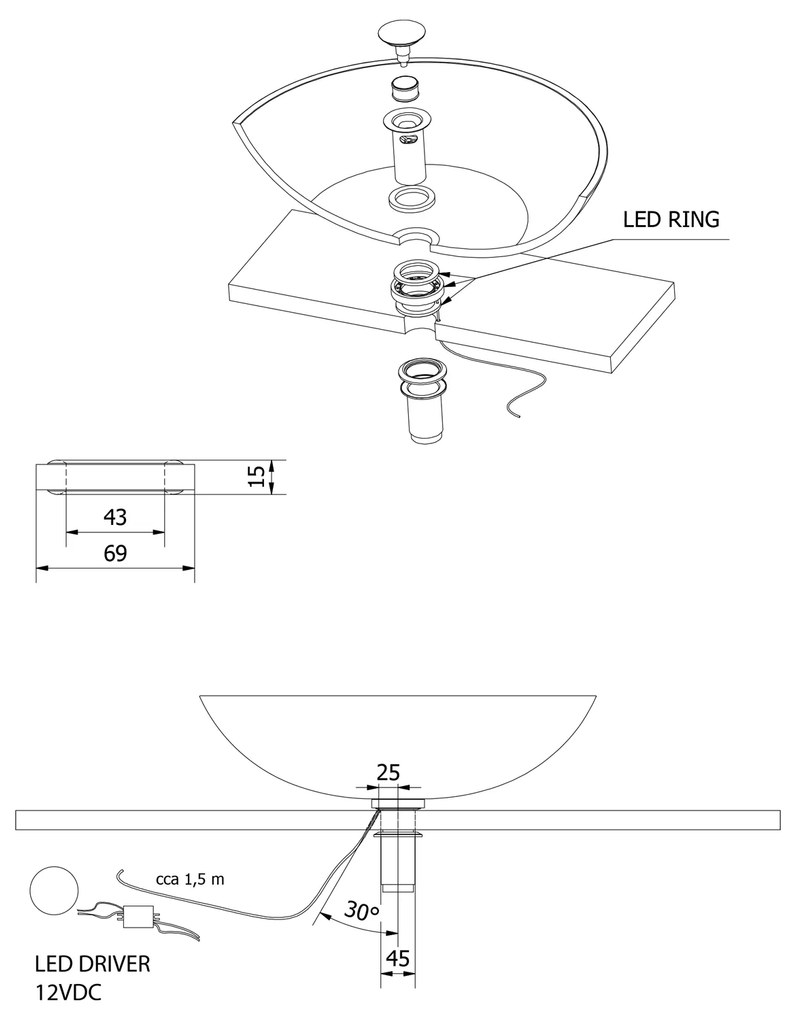 Sapho Sapho, LEDRING osvetlenie pod sklenené umývadlo 12V, 1,2W, 5000-5500K, WP94051LED