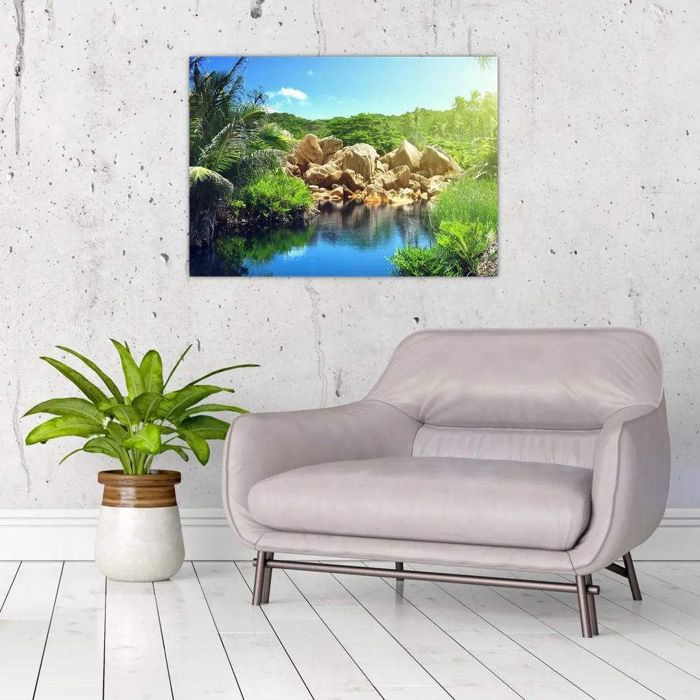 Sklenený obraz jazera v Seychelskej džungli (70x50 cm)