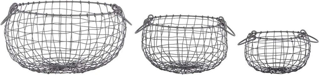 Sada 3 šedých drôtených košíkov s ušami - Ø 31 * 18cm, Ø 25 * 17cm, v priemere 19 * 13cm