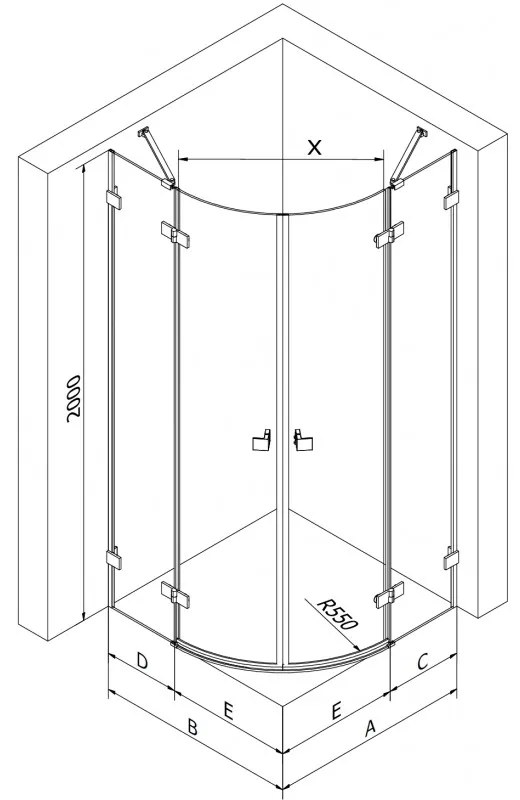 Mexen Lunar, pravý polkruhový sprchový kút 100 x 90 cm, 8mm číre sklo, zlatý matný profil, 833-100P-090L-55-00