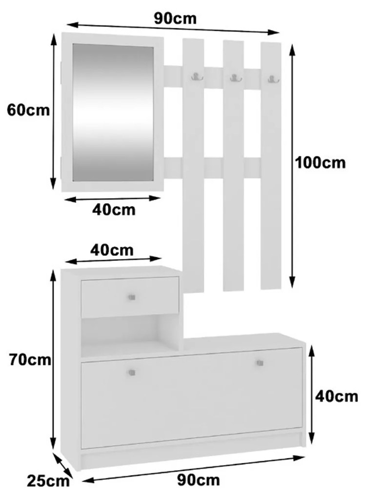 Predsieňová stena so skrinkou na topánky a zrkadlom biely