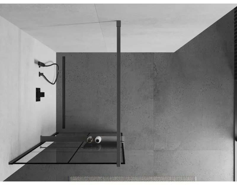 Mexen Kioto+, sprchová zástena Walk-In s poličkou a vešiakom 70 x 200 cm, 8mm číre sklo čierny vzor, grafitový profil, 800-070-121-95-77