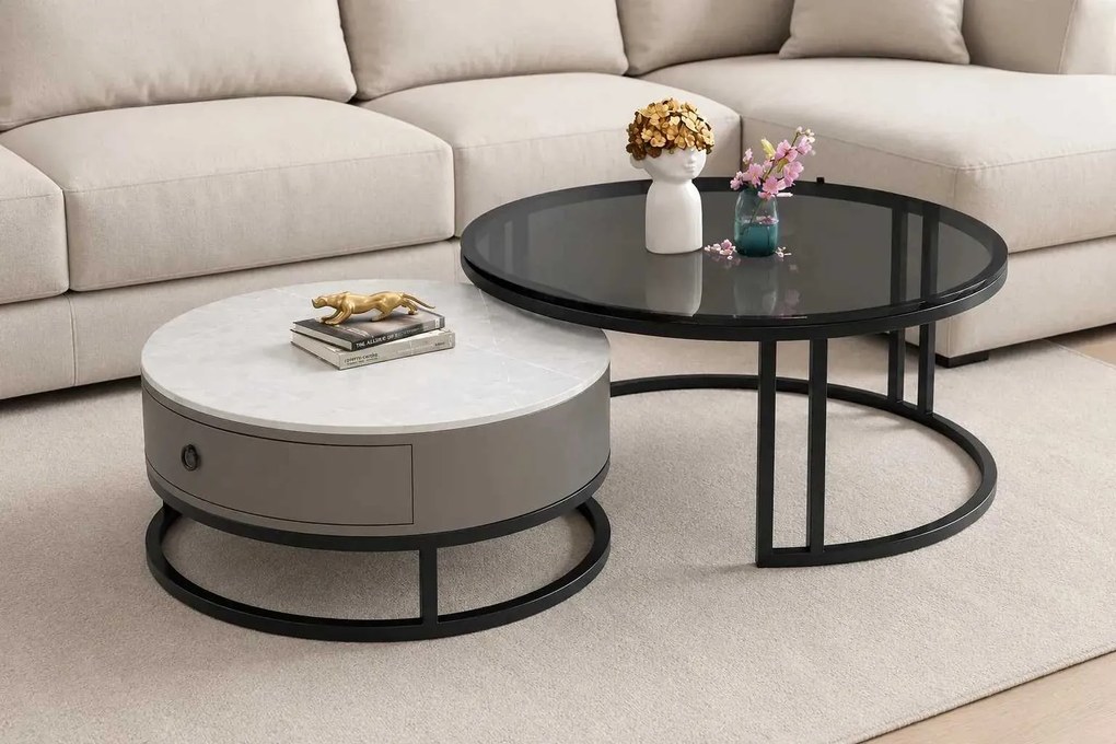 LuxuryForm DESIGN Konferenčný stolík AMARO 80 / 60 cm – sivý mramor / sklo (set 2 ks)