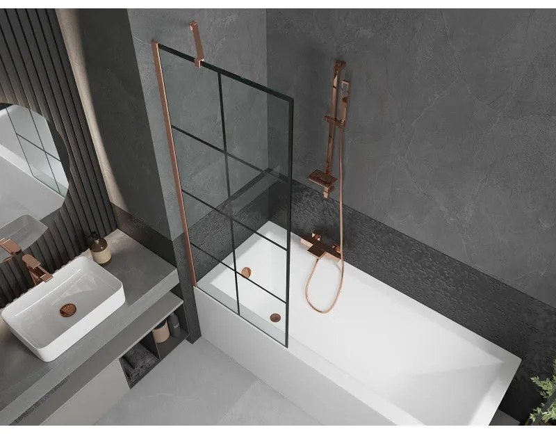 Mexen Next, 1-krídlová vaňová zástena 70 x 150 cm, 6mm číre sklo - čierny vzor, medená matná, 895-070-000-00-70-77