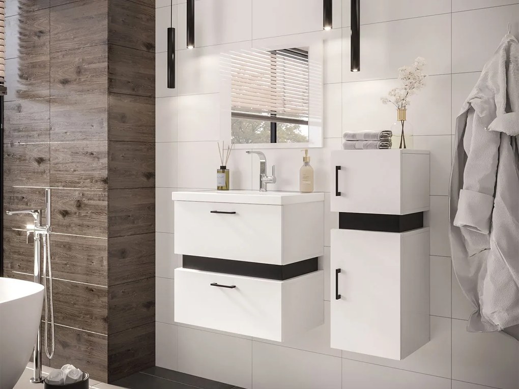 Kúpeľňový nábytok Torvaldi IV, Sifón: so sifónom, Umývadlová batéria: nie, Farby: biela / biela + čierny mat