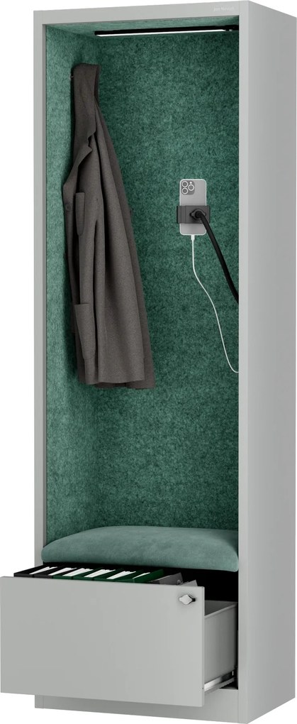 Kancelárska akustická kabína so sedadlom a portom USB-C, telo v sivá farbe / sedadlo v zelenej farbe, 600 mm: SALLY MentalBox