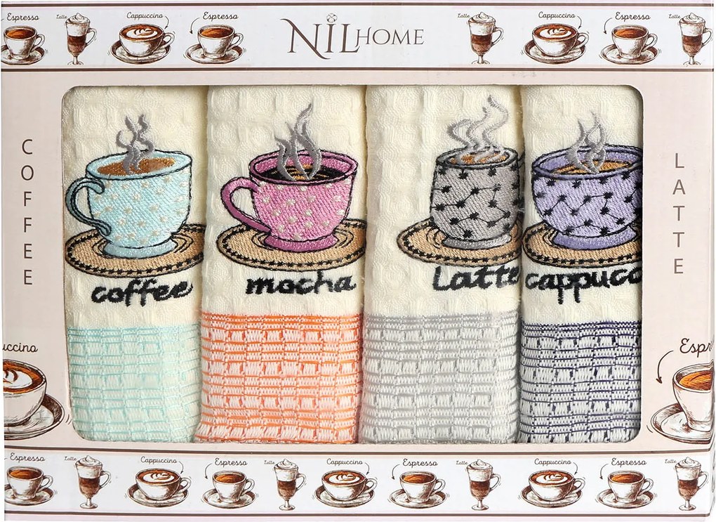 KUCHYNSKÉ UTIERKY COFFEES SADA 4 KS 50X70 CM VZOROVANÉ